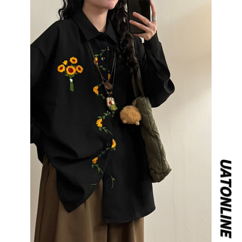 2026 Spring Japanese Retro Sunflower Embroidery Long Sleeve Shirt Women's Loose Hong Kong Style Trendy Top Blouse Jacket