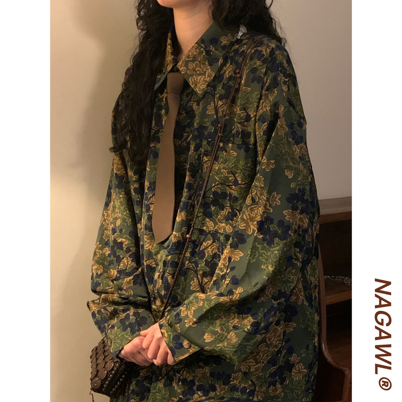 Naga LAOSHU 2026 Spring and Autumn Japanese Retro Lazy Style Shirt for Men and Women with Full Leaf Print Long-Sleeved Floral Shirt Top