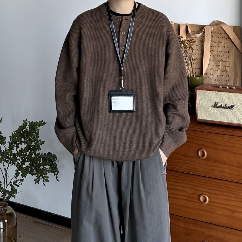 Butqiu Japanese Retro Autumn and Winter Henley Collar Pullover Sweater Unisex Versatile Base Layer Knit Top
