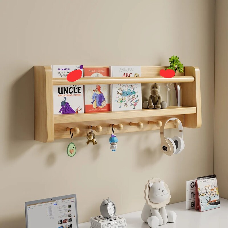 Wall-Mounted All-Pine Wood Storage Rack, Coat Rack, No-Drill Creative Solid Wood Storage, Wall-Mounted Magazine and Picture Book Shelf