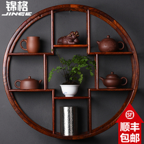 Jinge hanging wall bogusan round solid wood Chinese teapot rack purple sand pot rack display rack Dobaoge tea rack wall hanging