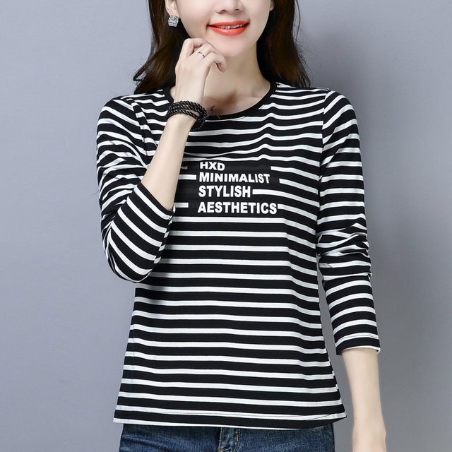 Striped fashion cotton short-sleeved t-shirt women's loose slim middle-aged mother tops summer plus size women's bottoming shirt