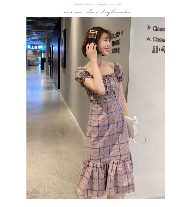 DABI 韓系格紋一字領露肩荷葉邊魚尾短袖洋裝 DABI 韓系格紋一字領露肩荷葉邊魚尾短袖洋裝