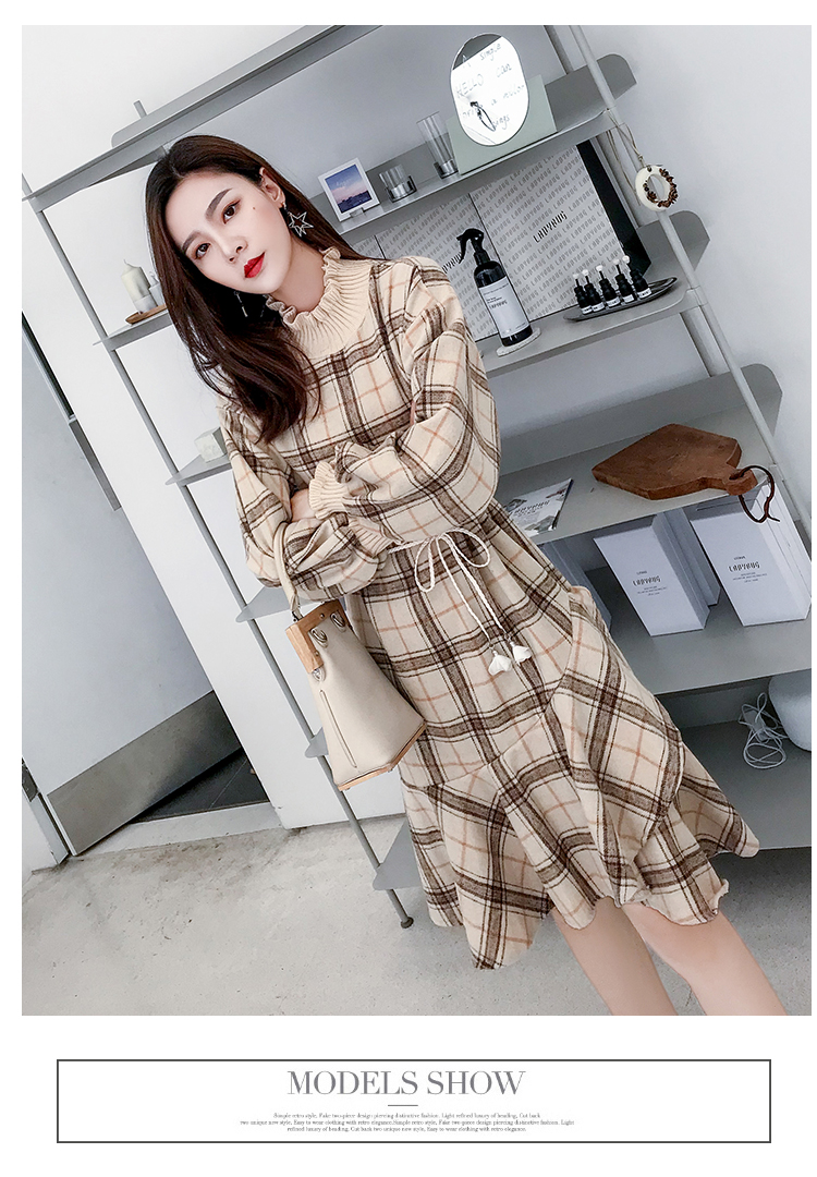 VK旗艦店 韓系格紋毛呢拼接針織荷葉邊魚尾長袖洋裝