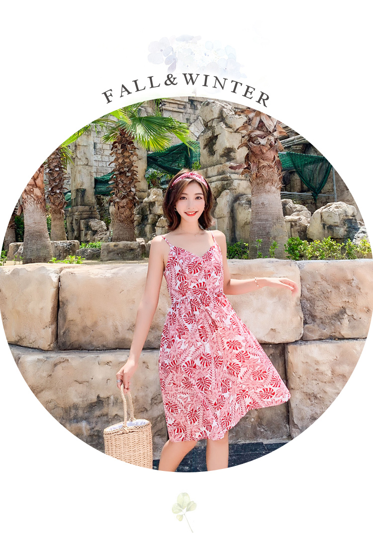 VK旗艦店 韓系樹葉印花v領露背細肩帶配發帶無袖洋裝