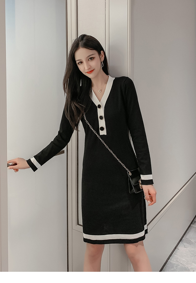 VK旗艦店 韓國風V領針織拚色長袖洋裝