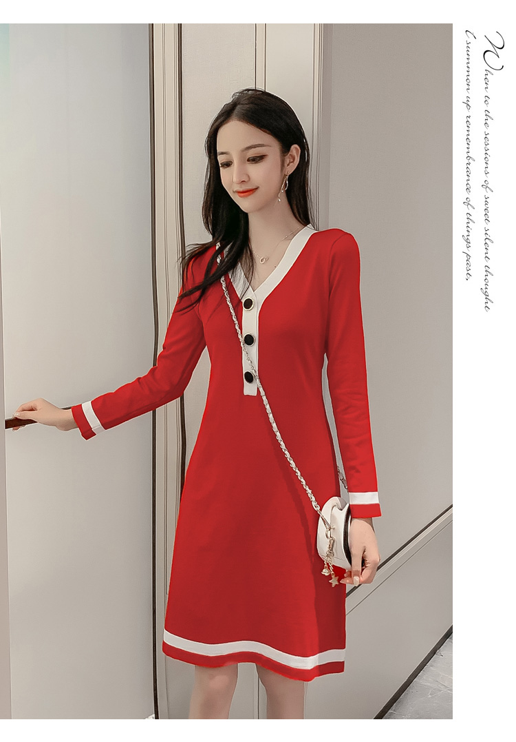 VK旗艦店 韓國風V領針織拚色長袖洋裝