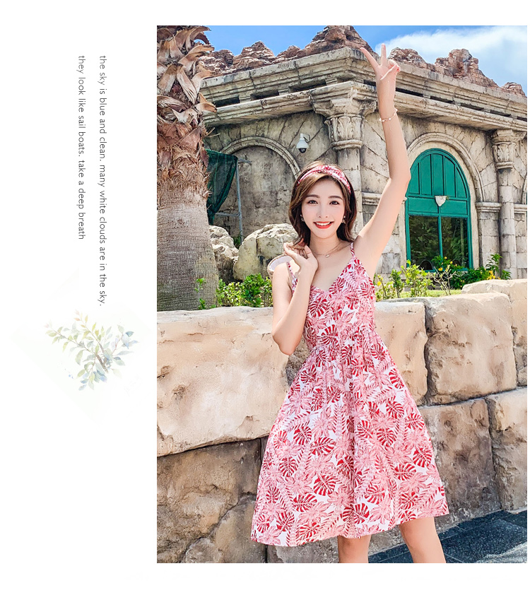 VK旗艦店 韓系樹葉印花v領露背細肩帶配發帶無袖洋裝