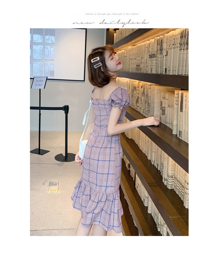 DABI 韓系格紋一字領露肩荷葉邊魚尾短袖洋裝 DABI 韓系格紋一字領露肩荷葉邊魚尾短袖洋裝