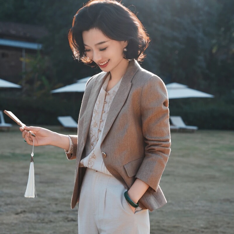 Xizi/[Famous Brand Suit] Linen Glitter Classic Versatile Old Money Style Lapel Casual Women's Blazer