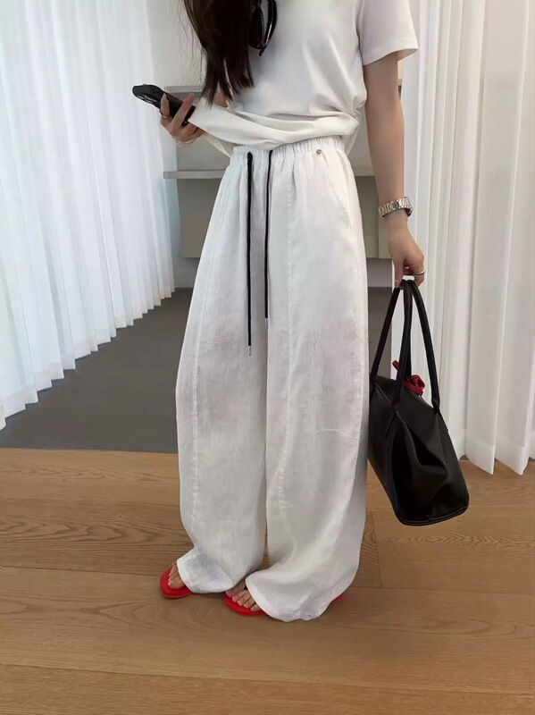 Qianbeisi 1059 Linen Pants Women's Summer Style Elastic High-Waisted Breathable Comfortable Linen Wide-Leg Pants