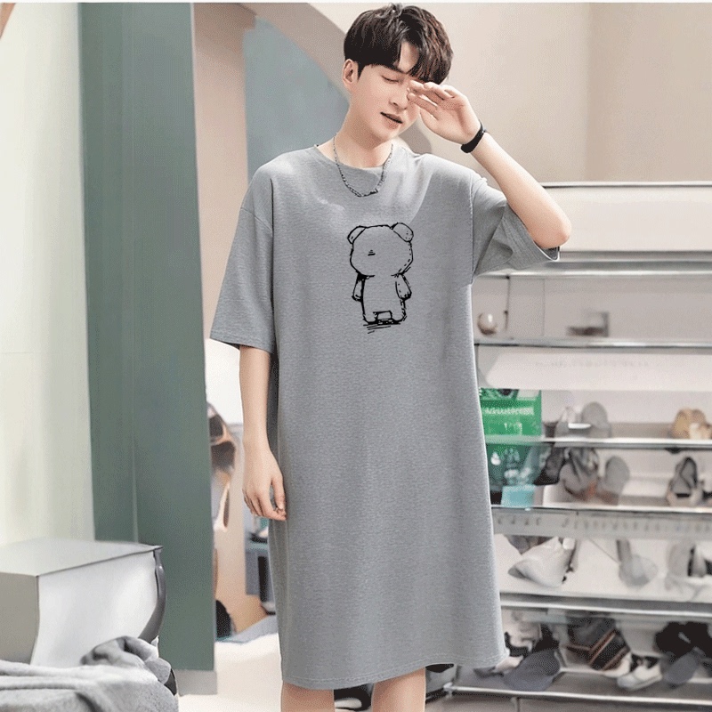100% Pure Cotton Short-Sleeved Pajamas, Summer Mid-Length Home Wear, Men's All-In-One High-End Casual Cartoon Pajamas