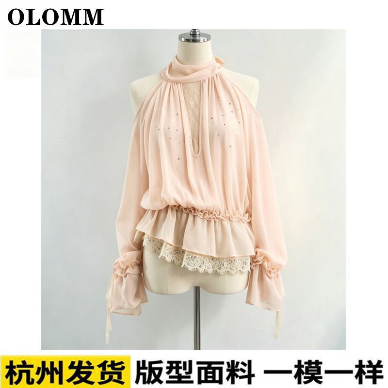 Olomm Design-Inspired Chiffon Blouse with Rhinestone Embellishments and Flowing Mesh Long Sleeves, Women's Spring Loose-Fitting Top with Ribbons t