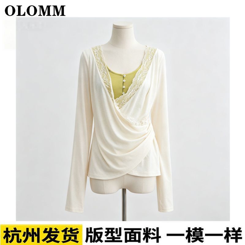 Olomm Chen Yao Style Lace Cross-Stitching Color-Blocking Fake Two-Piece Asymmetrical Draped Collar Tencel Long-Sleeve Top T-Shirt