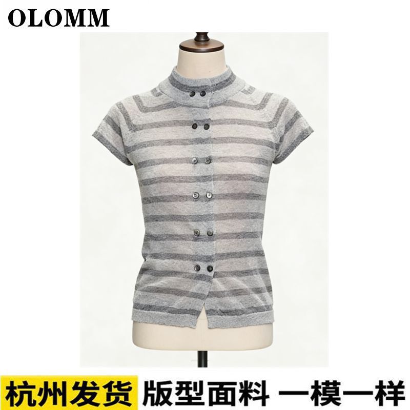 Olomm Wool Striped Hollow Knit Cardigan Double-Row Shell Alpaca Wool Knit Top K