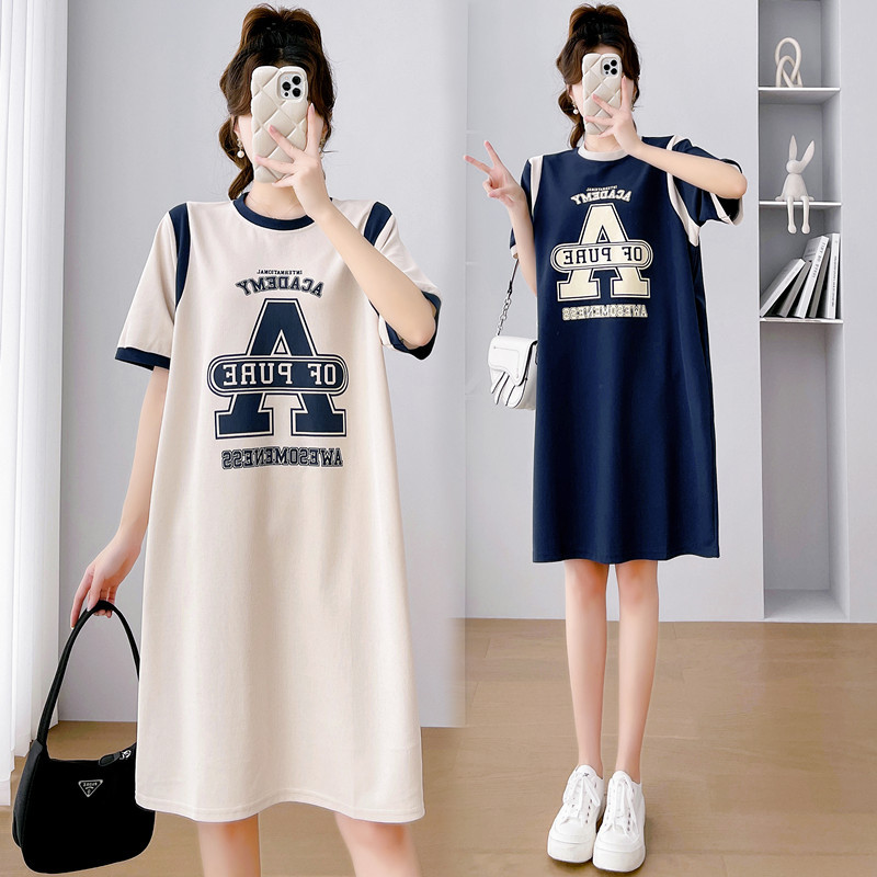 Maternity Summer Short-Sleeved T-Shirt Dress, Summer Mid-Length Top for Women, Plus Size Loose Korean Style Patchwork Dress, Trendy