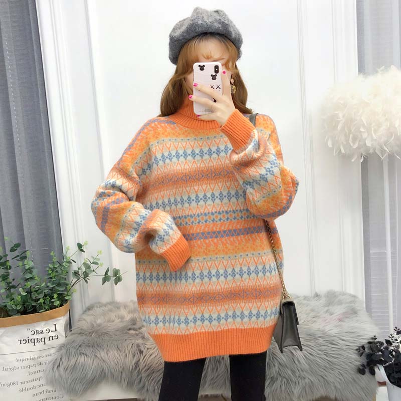 Pregnant women two-piece sweater Korean version loose large size medium and long version thickened autumn and winter pullover high neck base sweater
