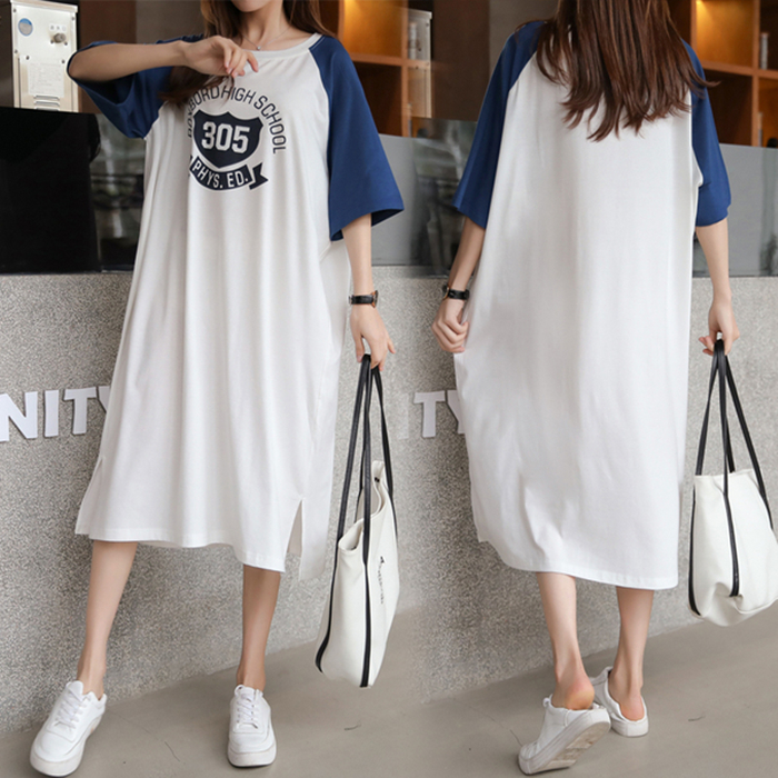 Korean version loose large size 200 jin pregnant women summer dress 2021 summer new cotton short-sleeved t-shirt long skirt