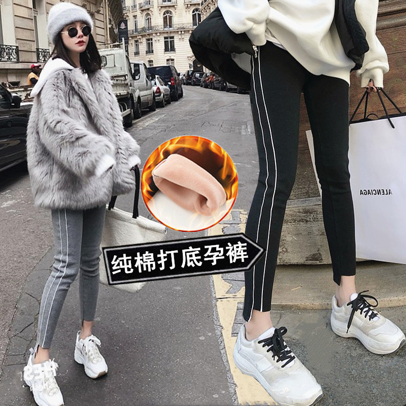 Pregnant women with velvet thickened inner pants 2019 autumn and winter new fashion trend mom's belly pants All-in-one thin casual pants