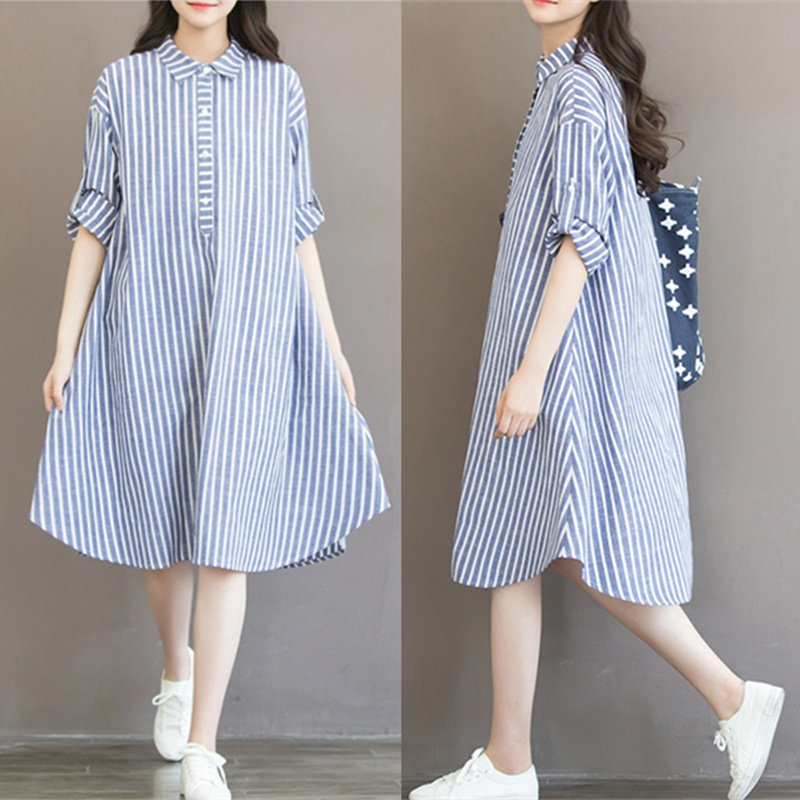 Fat mm weight plus 200 kg thin middle - long pregnant woman autumn dress Han edition loose striped shirt