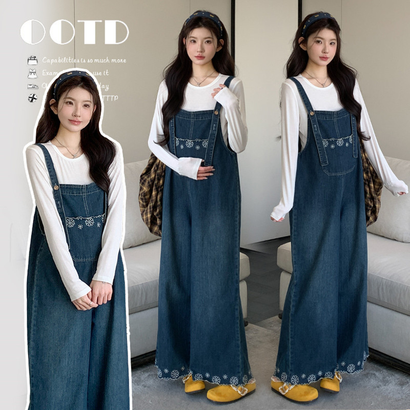 Korean Style Loose and Fashionable Maternity Overalls with Lace Embroidery Denim Wide-Leg Suspenders + Long-Sleeved Thin T-Shirt Top Maternity Wear Korean Style Loose and Fashionable Maternity Overalls with Lace Embroidery Denim Wide-Leg Suspenders + Long-Sleeved Thin T-Shirt Top Maternity Wear