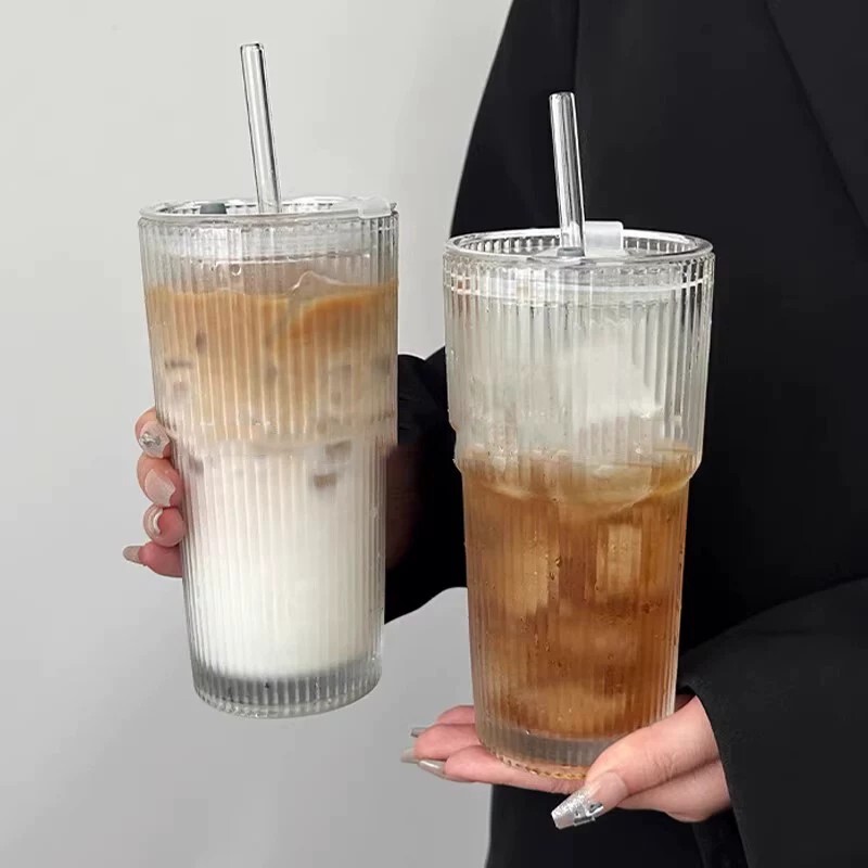 Large-Capacity Glass Cup with Lid, Straw Cup, Water Cup, High-Looking Cold Brew Cup, Cold Drink Coffee Cup, Juice Cup, Beverage Cup