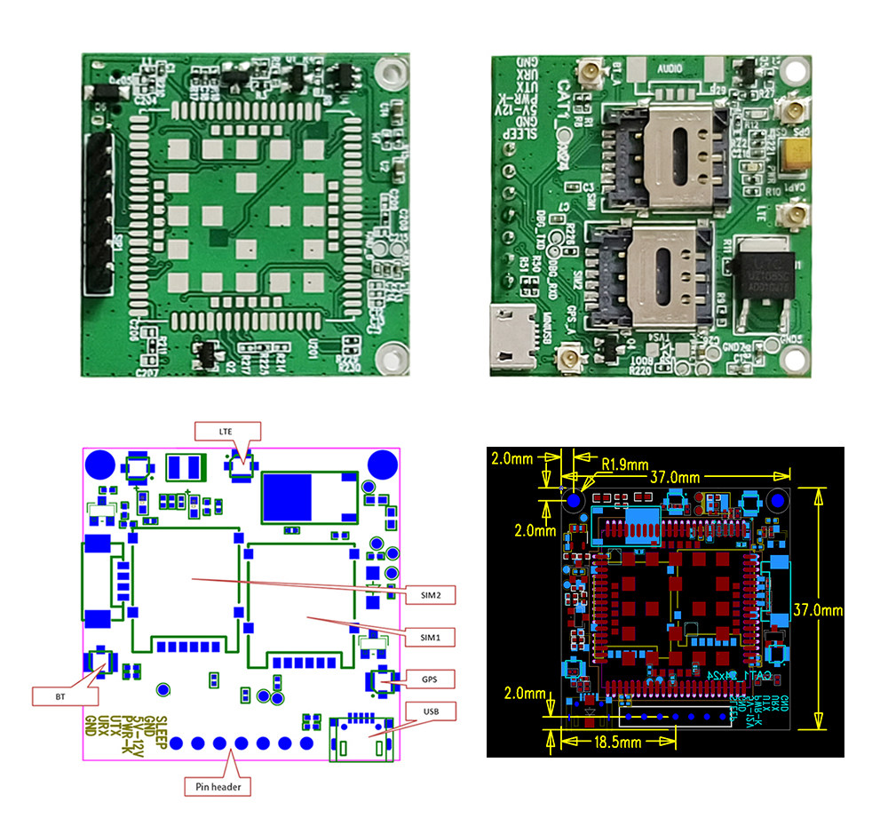 Technical diagram showing the module dimensions, pin header, and component layout including SIM slots, GPS, USB, and LTE.