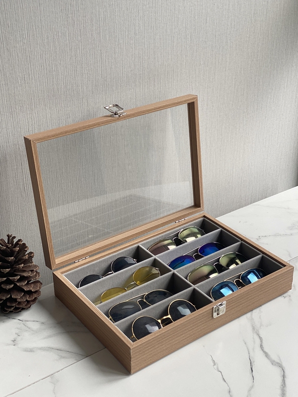 Rosewood Grain Color Sunglasses Case, Mall Counter Eyewear Display Rack, Dustproof Box with Lid, Multi-Compartment Sunglasses Storage Box