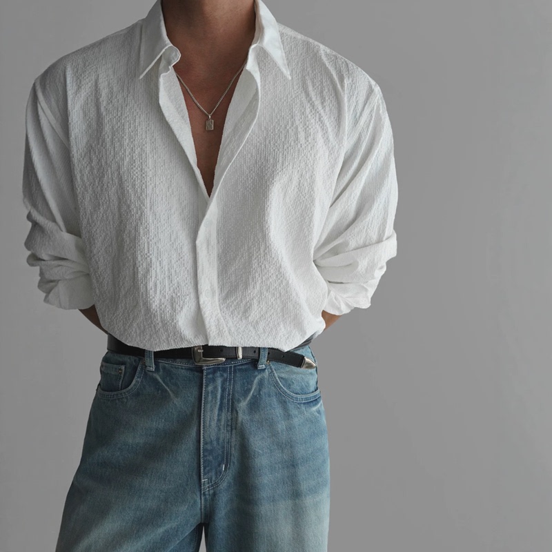 European and American Retro Cotton and Linen Shirts for Men, Wrinkled Texture, Slim Fit, Long-Sleeved Cardigan, Linen Breathable Casual Work Shirt