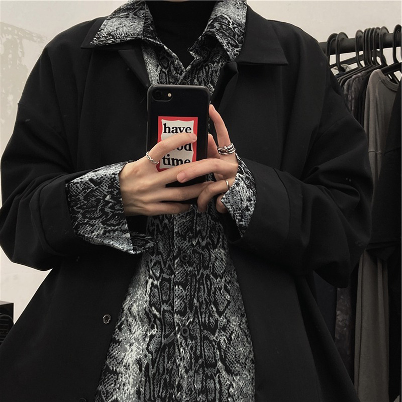 ins Dark Ascetic Style Leopard Print Shirt for Men, Fake Two-Piece Loose Long-Sleeve High Street Black Shirt Jacket for Layering ins Dark Ascetic Style Leopard Print Shirt for Men, Fake Two-Piece Loose Long-Sleeve High Street Black Shirt Jacket for Layering