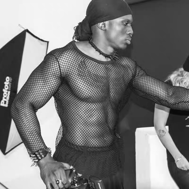 European and American Style Mesh Hollow-Out T-Shirt for Men, See-Through, Sexy, Slim-Fit, Long-Sleeved, Layered Cover-Up, Fishnet Perforated Stage Performance Clothing