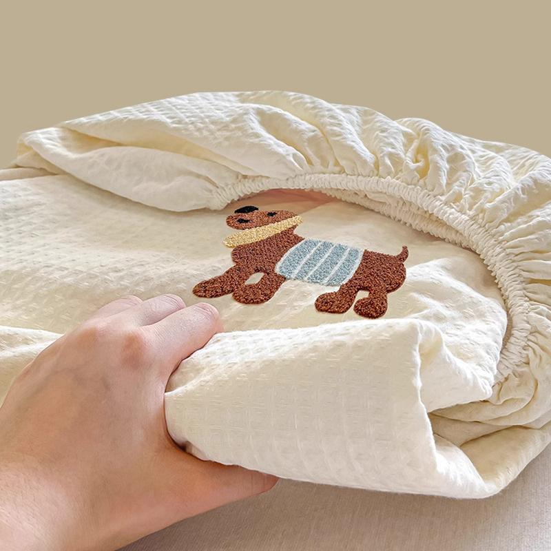 純綿フィットシーツ シングルピース 100% 綿ワッフルタオル 刺繍入りフィットシーツ ベッドカバー フルカバー マットレスプロテクター ベッドカバー