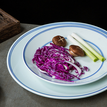 Chinese retro thick blue edge ceramic plate hotel restaurant business simple round flat plate fried rice plate