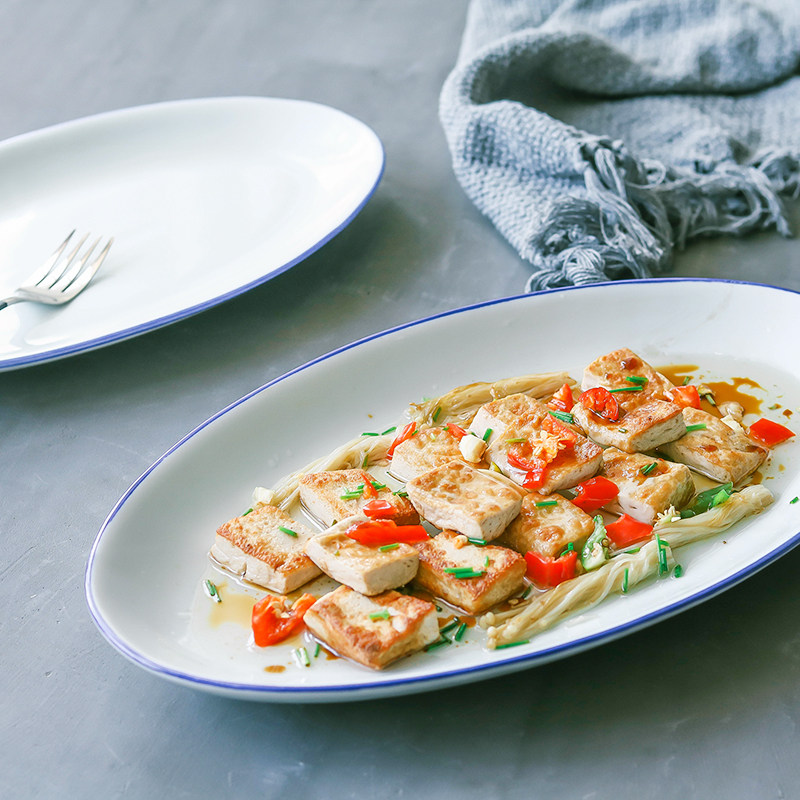 Ceramic blue edge fish plate Household hotel large steamed fish plate Simple creative Chinese microwave tableware