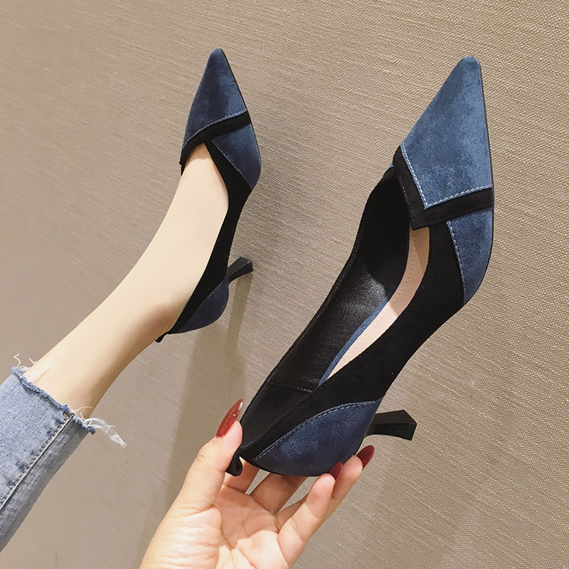 French-Style Small-Heeled Shoes for Women 2026 New Model, Suitable for Pairing with Skirts, High Heels, Stiletto Heels, Color-Blocking, Shallow Mouth, Pointed Toe, Professional and Elegant Single Shoes