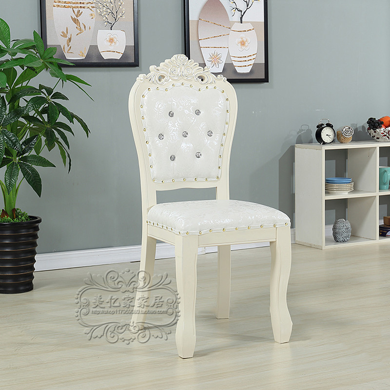 Hotel Restaurant Stool European-Style Leather Chair Ivory White Solid Wood Carved Dining Chair Modern Simple Single Dining Table Chair