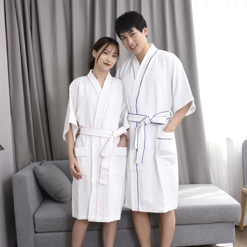 Cotton waffle men and women couple summer white short sleeve bathrobe hotel thin Japanese kimono dressing robe plus size bathrobe