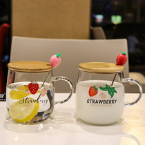 Japanese style simple bubble milk glass ins wind with cover handle Home office wooden cover Send spoon Water cup