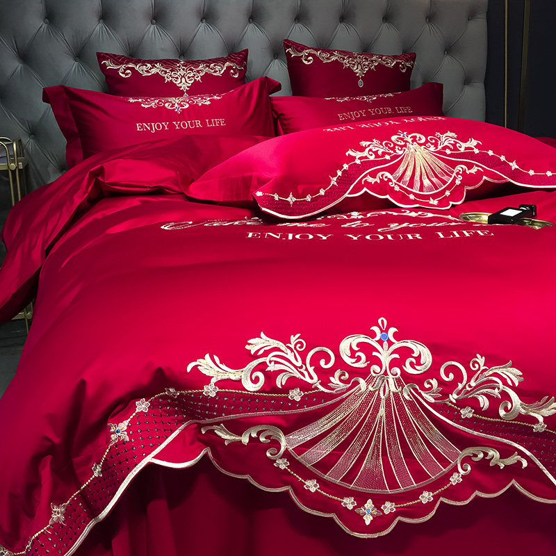 Eurostyle upscale embroidery 100 long suede cotton wedding celebration four sets of all-cotton pure cotton bed linen quilt wedding bed products