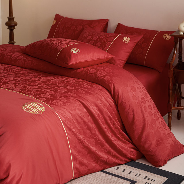 High-end jacquard wedding bed four-piece set wedding big red pure cotton quilt cover bed sheet wedding dowry wedding quilt supplies