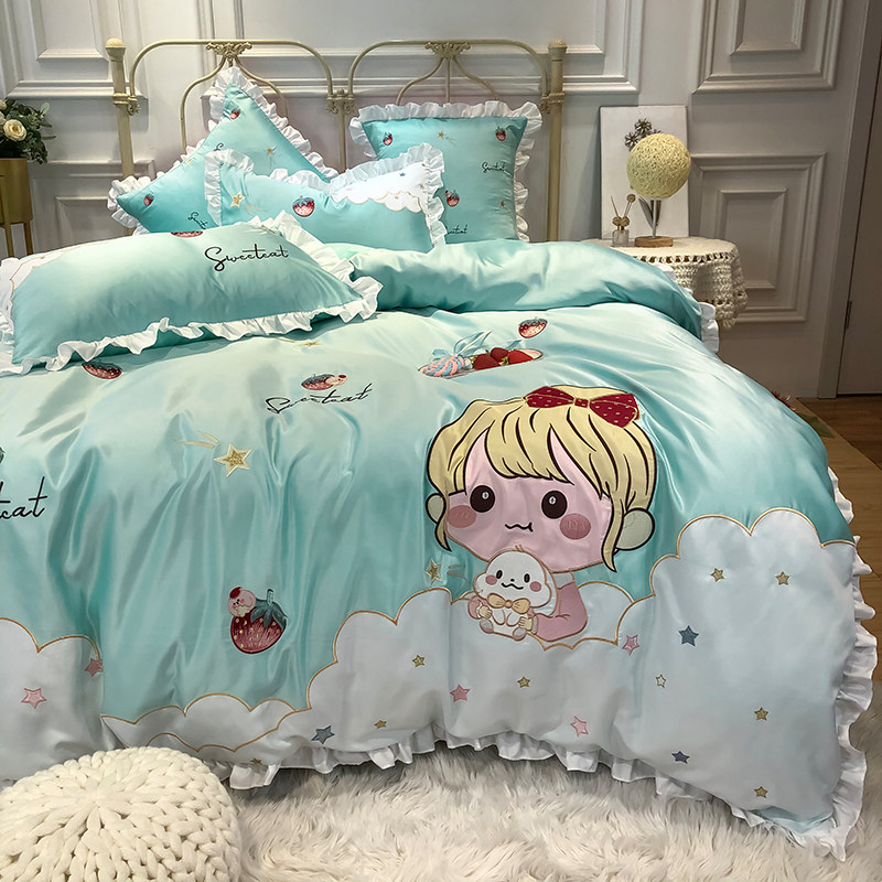 Cute little fresh pure cotton four pieces Cartoon Male main Wind Girl Heart Ice Quilt Cover All-cotton Bed Linen Bedding