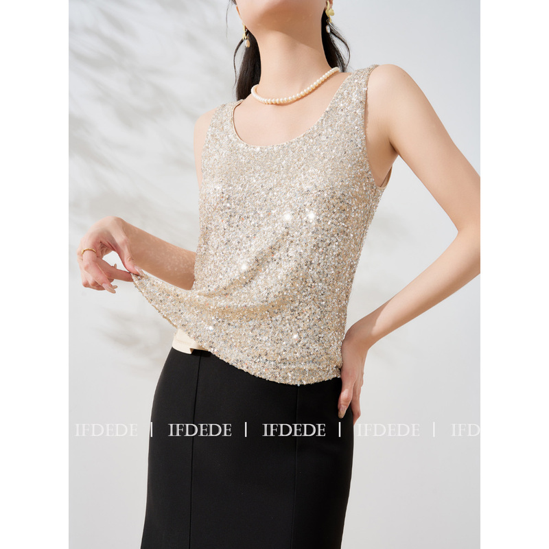 Ifdede Shiny Sequined High-End Camisole for Women, New Style Elastic Mesh Sleeveless Top