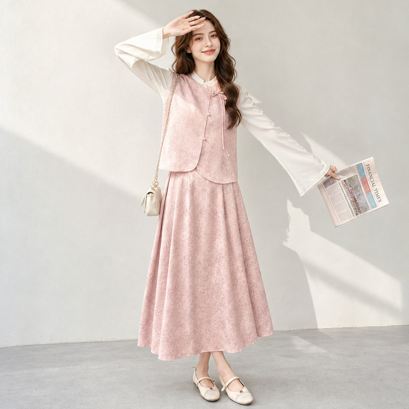 Monzi Pink New Chinese Style Sweet Two-Piece Set for Women, Autumn New Style Stand Collar Color-Blocking Chiffon Shirt and Skirt Set