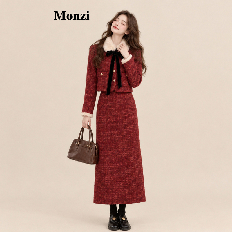 Monzi Red Christmas and New Year Outfit, Elegant Little Black Dress Style Top, High-End Skirt Two-Piece Set for Women, New for Winter Monzi Red Christmas and New Year Outfit, Elegant Little Black Dress Style Top, High-End Skirt Two-Piece Set for Women, New for Winter