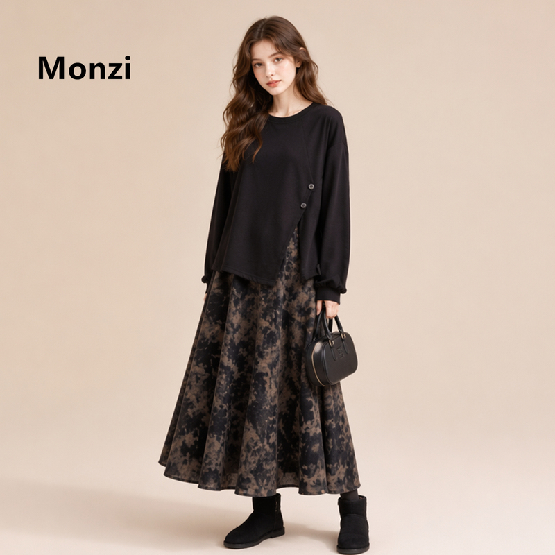 Monzi Black Casual Style Top and Printed Skirt Two-Piece Set for Women, New Loose and Age-Reducing Outfit for Spring and Autumn