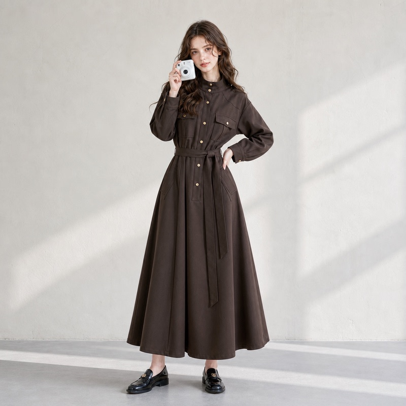 Monzi Brown Retro Trench Coat Style Dress for Women Early Spring and Autumn New Long-Sleeved Waist-Slimming Elegant A-Line Skirt Monzi Brown Retro Trench Coat Style Dress for Women Early Spring and Autumn New Long-Sleeved Waist-Slimming Elegant A-Line Skirt