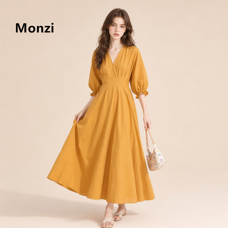 Monzi Orange Lantern Sleeve V-Neck High-Waisted Hepburn-Style Long Dress, New Summer Model, Slimming and Elegant French-Style Dress for Women
