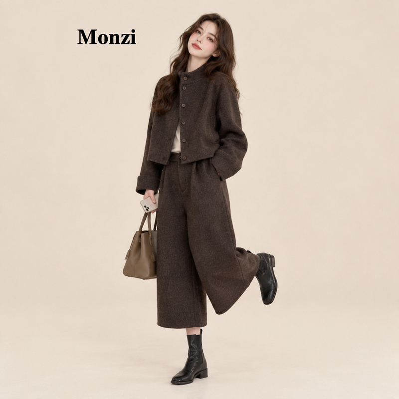 Monzi Coffee-Colored Melange High-End Wool Double-Sided Coat with Cropped Wide-Leg Pants Two-Piece Set for Autumn and Winter Monzi Coffee-Colored Melange High-End Wool Double-Sided Coat with Cropped Wide-Leg Pants Two-Piece Set for Autumn and Winter