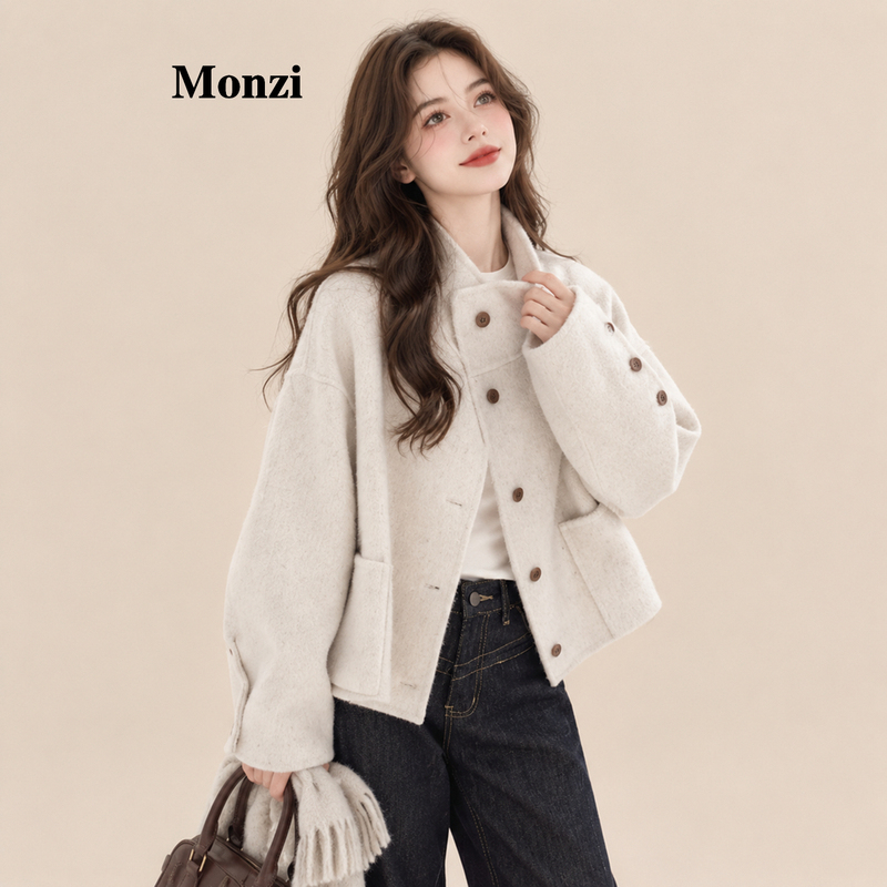 Monzi Off-White Simple Versatile Stand-Collar Wool Double-Sided Short Coat for Women, Winter Slim-Fit Elegant Woolen Coat for Petite Figures