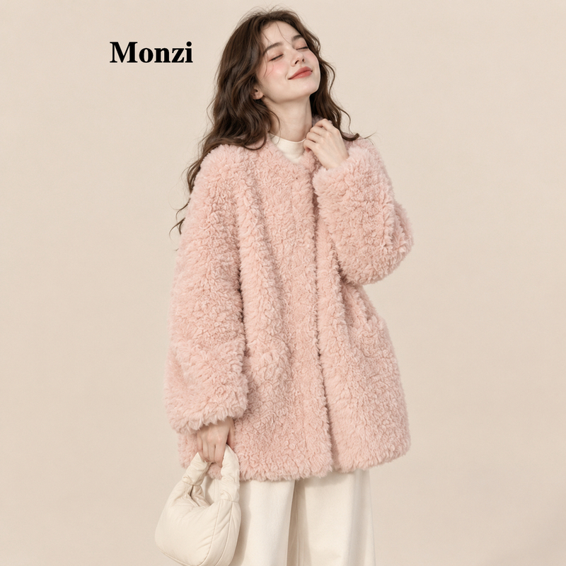 Monzi Milk Fufu Pink Sweet Age-Reducing Lamb Wool Coat for Women, Winter Thickened Fur Integrated Top for Petite Figures